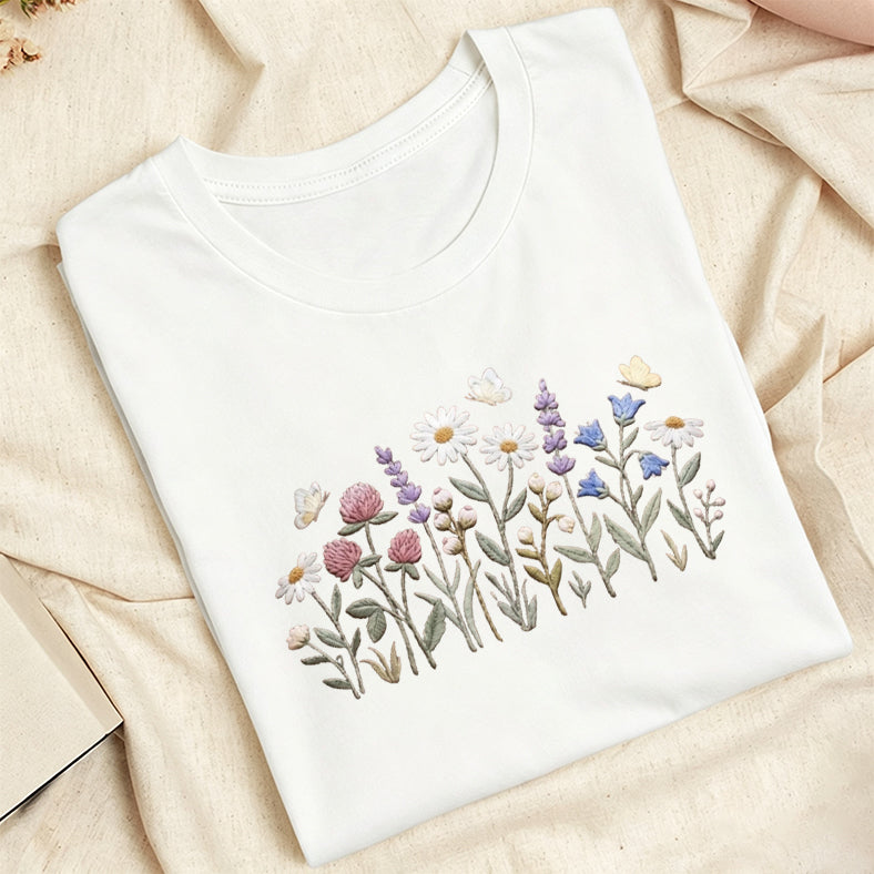 Embroidered Wildflower Classic Adult Unisex Crew Neck T-Shirt