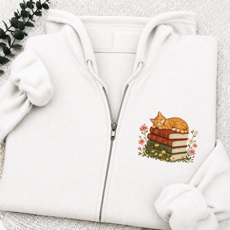 Embroidered Cat Sleeping On Books Classic Full Zip Hoodie