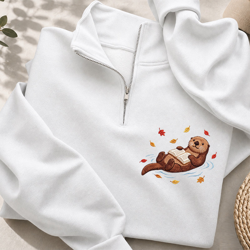 Embroidered Otter Reading Book Classic Quarter Zip Sweatshirt