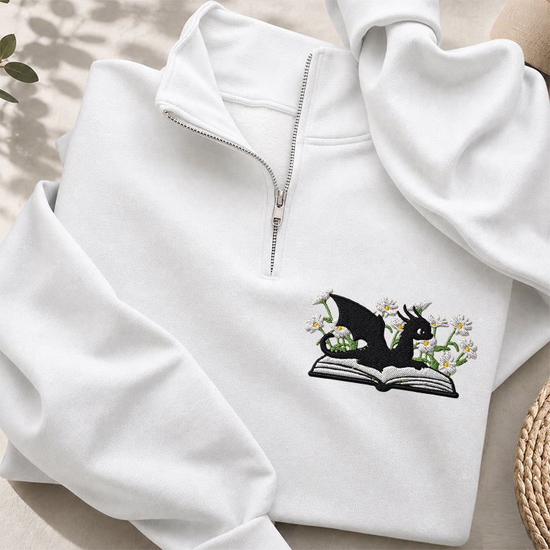 Embroidered Floral Dragon Book Classic Quarter Zip Sweatshirt