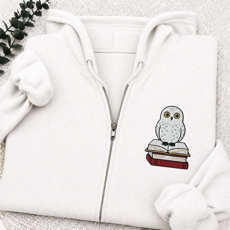 Embroidered Snow Owl On Bookstack Classic Full Zip Hoodie