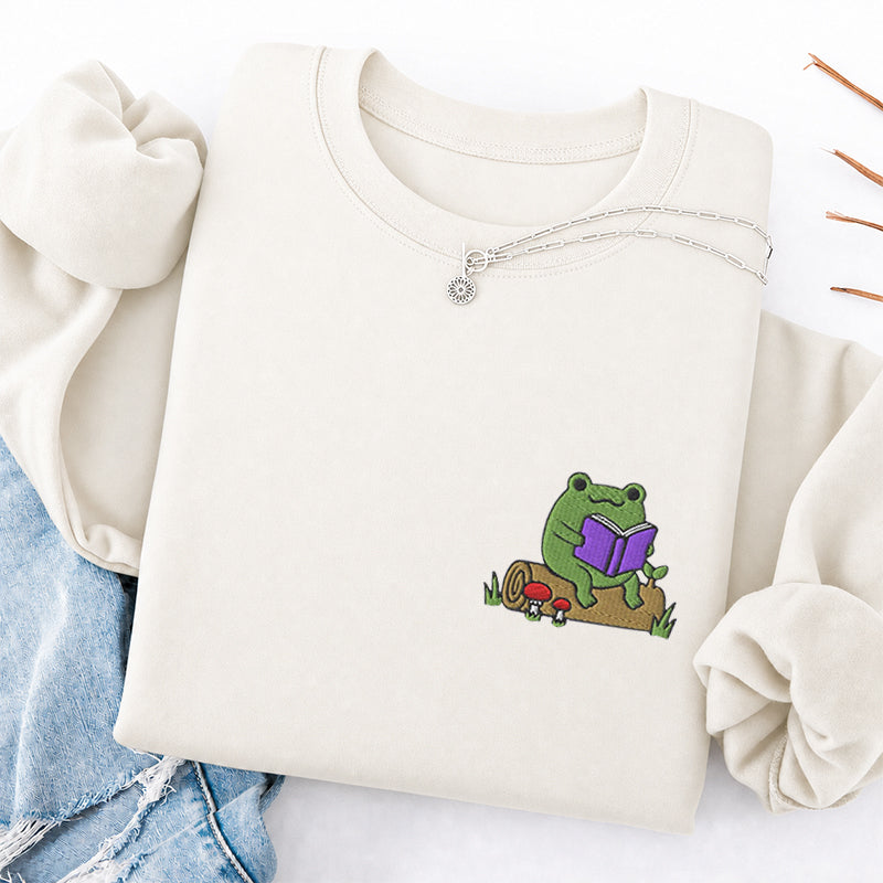 Embroidered Cute Reading Frog Classic Crewneck Sweatshirt