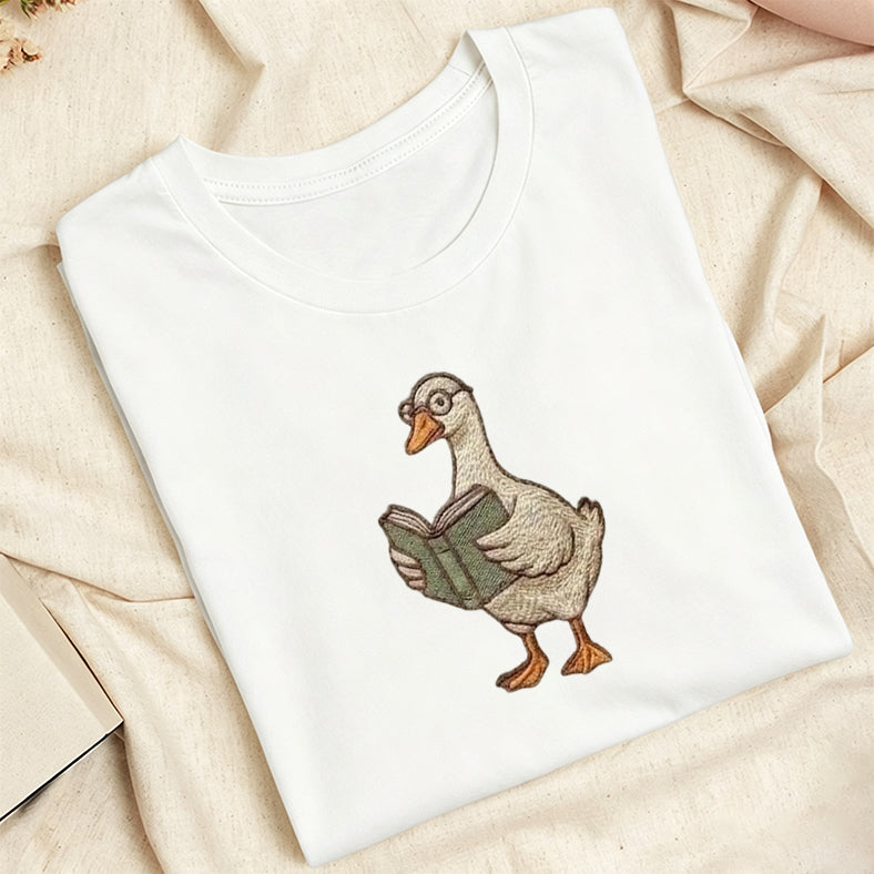 Embroidered Reading Goose Classic Adult Unisex Crew Neck T-Shirt