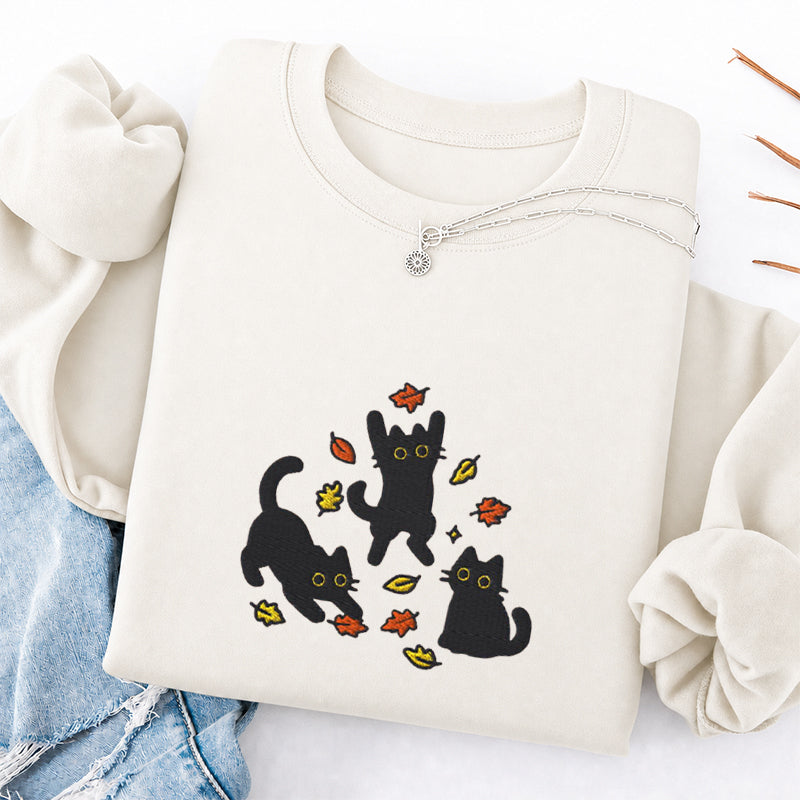 Embroidered Black Cats Fall Leaves Classic Crewneck Sweatshirt