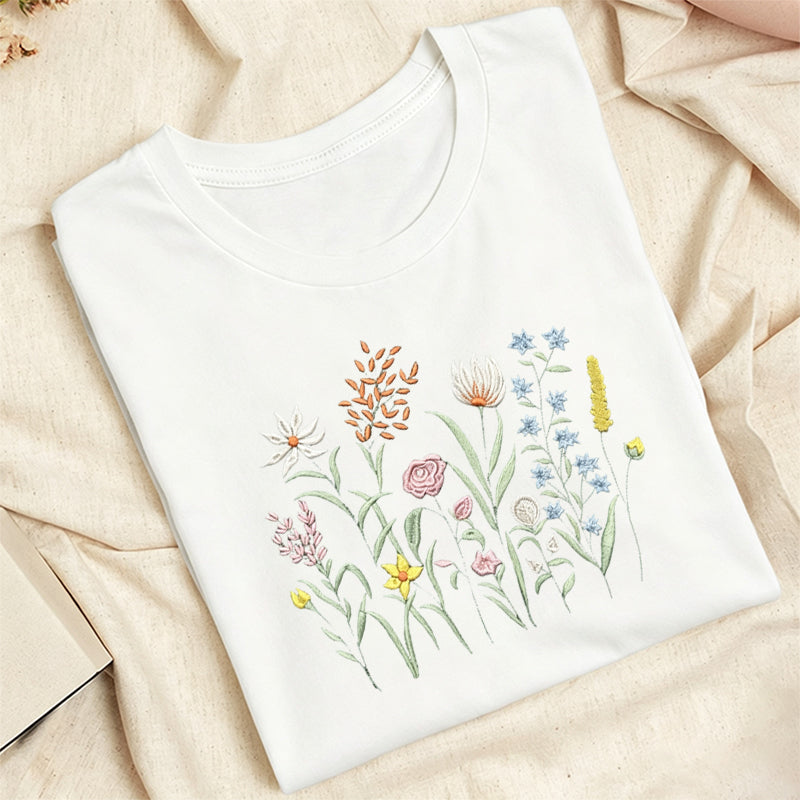 Embroidered Cute Wildflowers Classic Adult Unisex Crew Neck T-Shirt