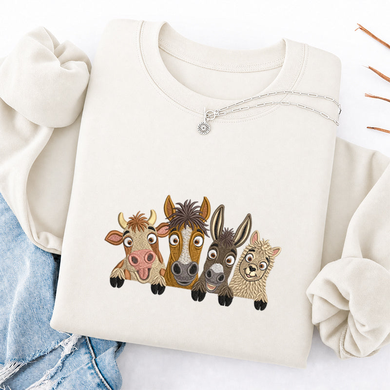 Embroidered Peeking Farm Animals Classic Crewneck Sweatshirt