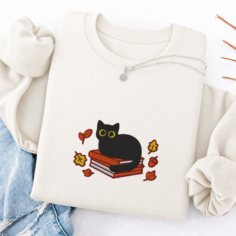 Embroidered Autumn Black Cat Book Classic Crewneck Sweatshirt