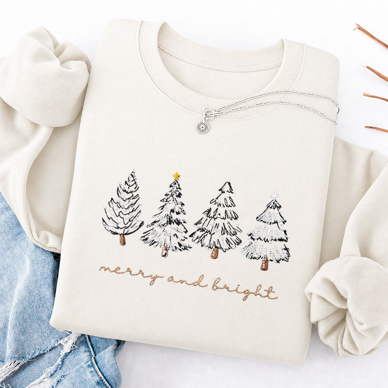 Embroidered Merry & Bright Christmas Tree Classic Crewneck Sweatshirt