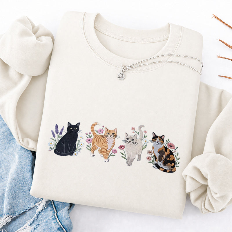 Embroidered Cats And Flowers Classic Crewneck Sweatshirt