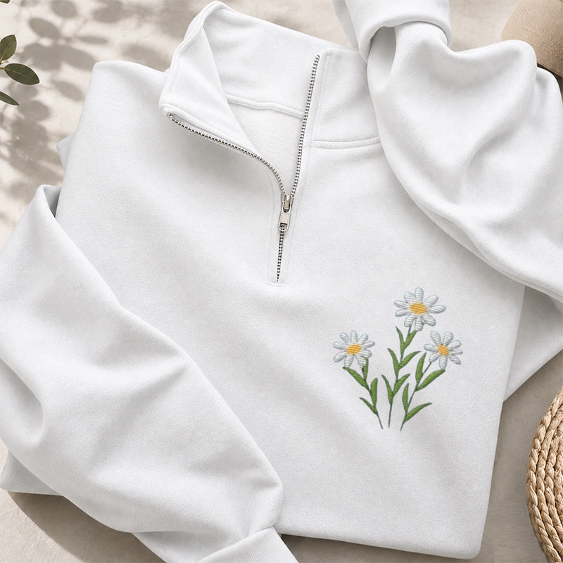 Embroidered Floral Daisy Classic Quarter Zip Sweatshirt