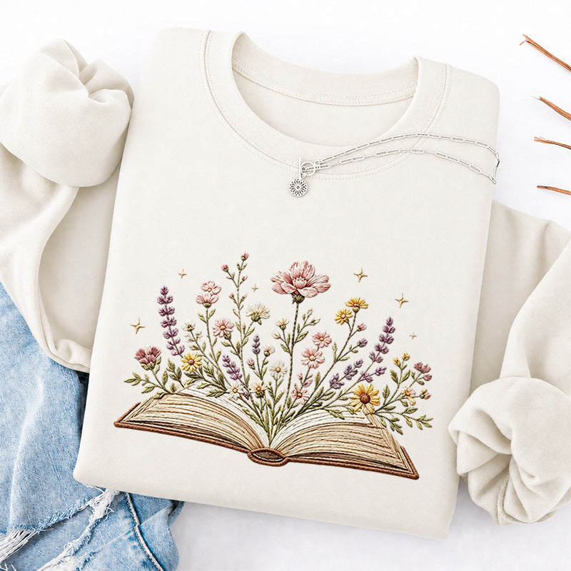 Embroidered Floral Book Classic Crewneck Sweatshirt