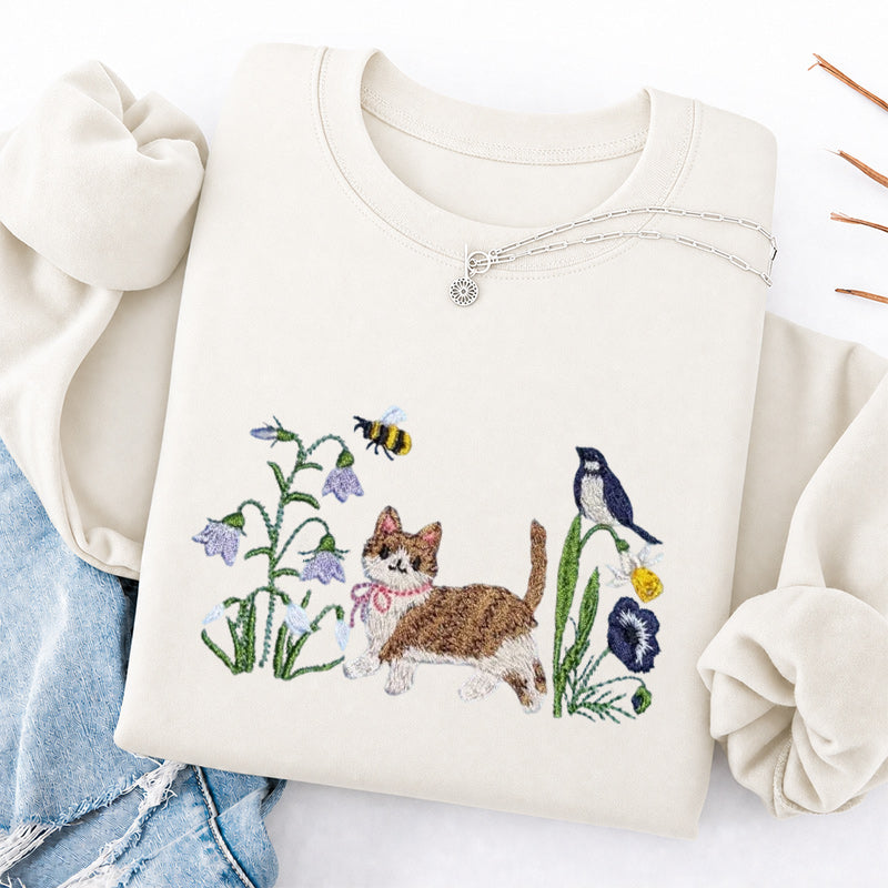 Embroidered Cat Wildflower Classic Crewneck Sweatshirt