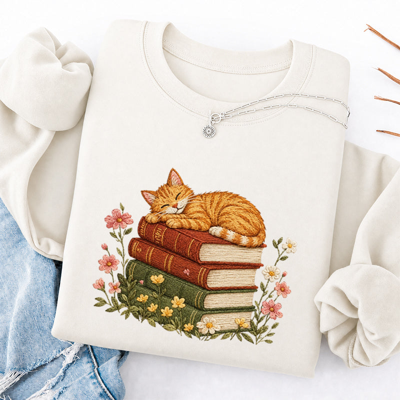 Embroidered Cat Sleeping On Books Classic Crewneck Sweatshirt