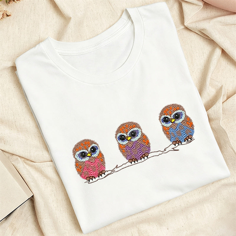 Embroidered Cute Owl Classic Adult Unisex Crew Neck T-Shirt