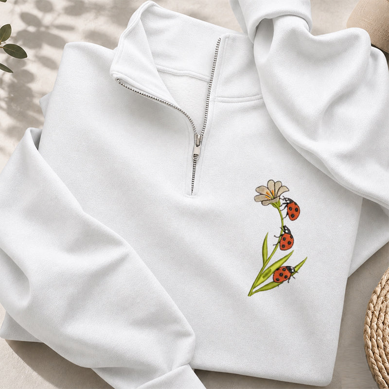 Embroidered Ladybug & Daisy Classic Quarter Zip Sweatshirt