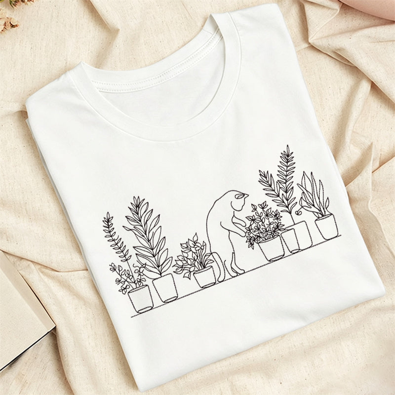 Embroidered Cat and Plant Lover Classic Adult Unisex Crew Neck T-Shirt