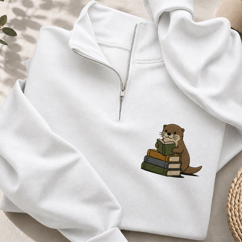Embroidered Reading Otter Classic Quarter Zip Sweatshirt