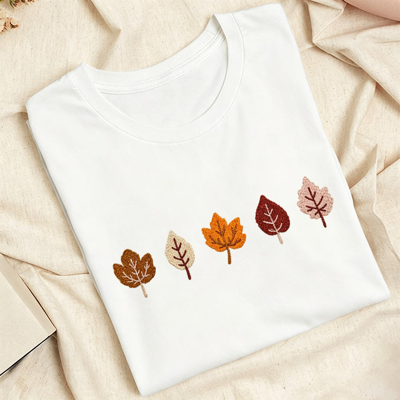 Embroidered Fall Leaves Classic Adult Unisex Crew Neck T-Shirt