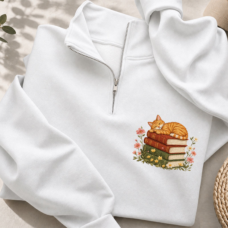 Embroidered Sleeping Cat On Books Classic Quarter Zip Sweatshirt