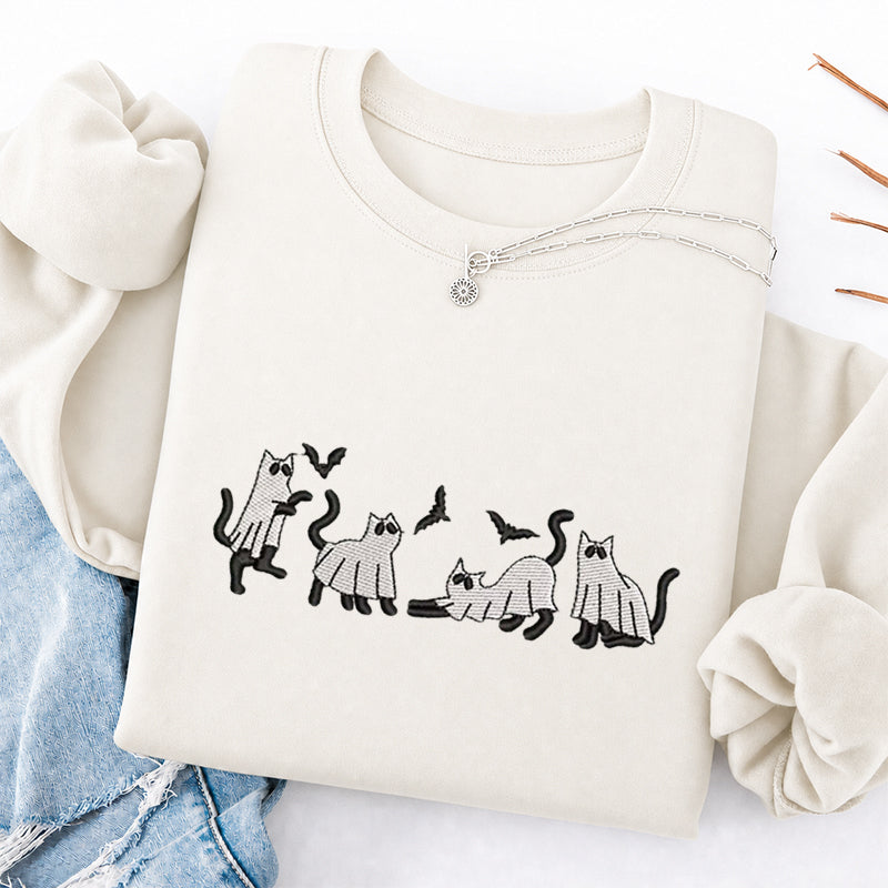 Embroidered Funny Cat Ghosts Classic Crewneck Sweatshirt