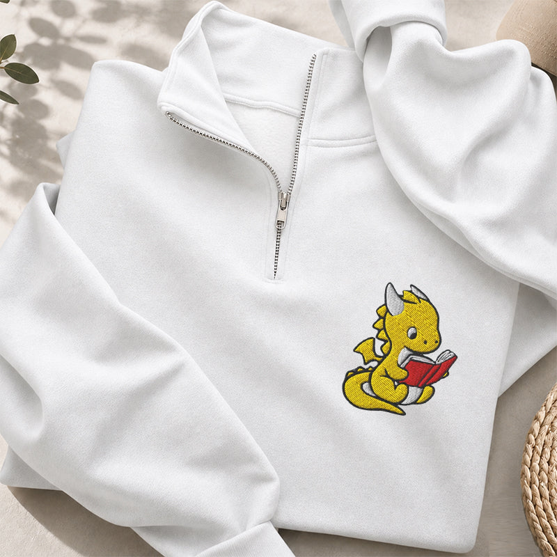 Embroidered Dragon Reading Books Classic Quarter Zip Sweatshirt