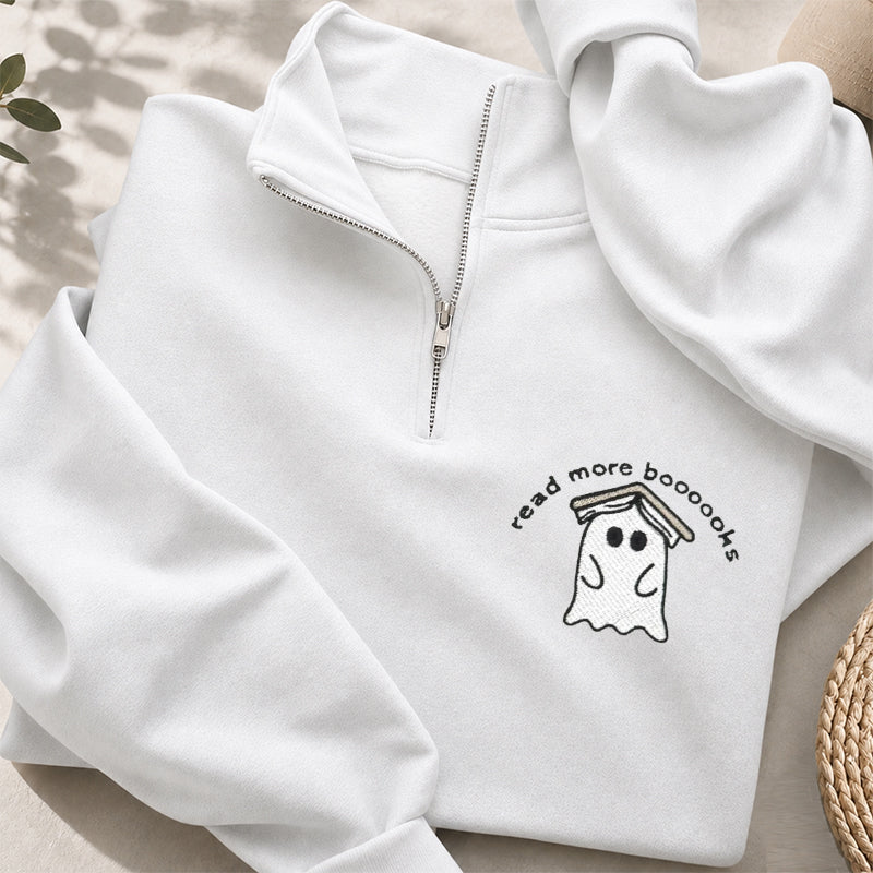 Embroidered Read More Boooooks Classic Quarter Zip Sweatshirt