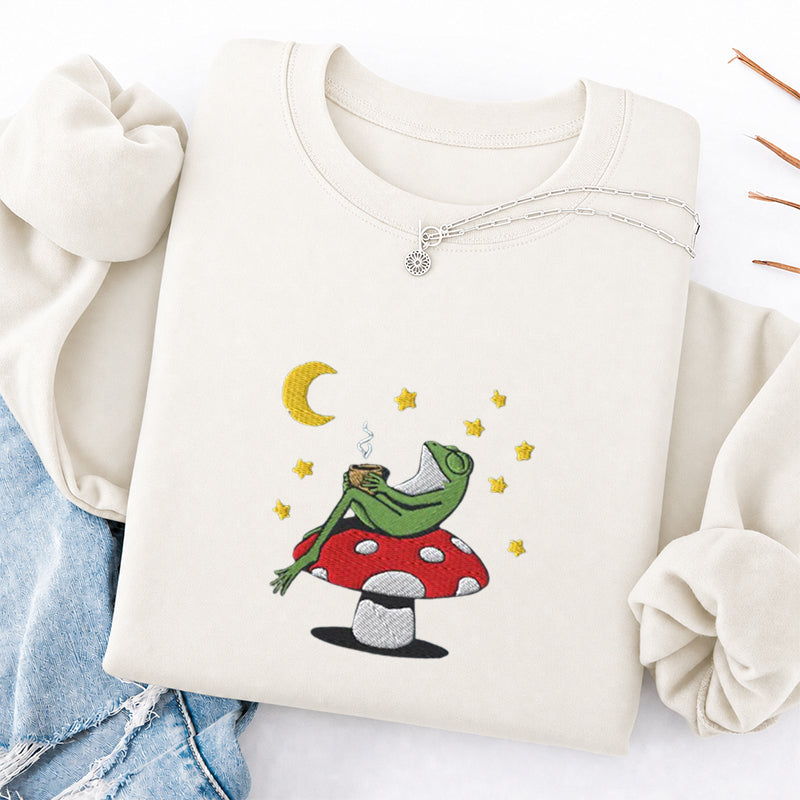 Embroidered Frog Night With Coffee Classic Crewneck Sweatshirt