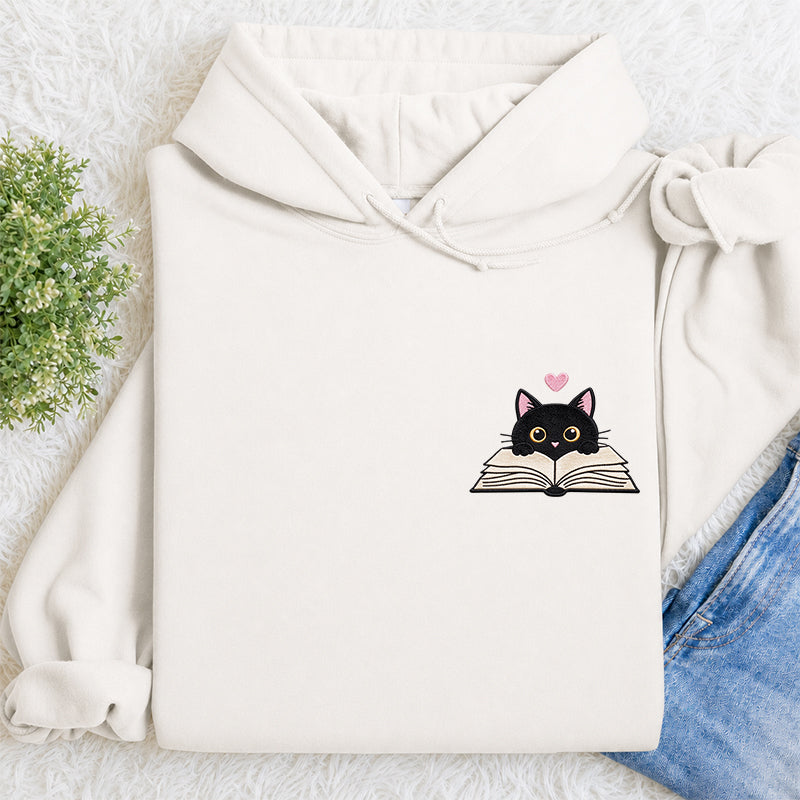 Embroidered Reading Black Cat Classic Adult Unisex Hoodie
