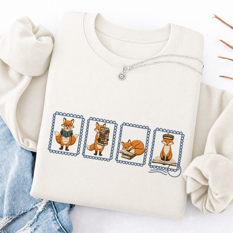 Embroidered Bookish Fox Stamp Classic Crewneck Sweatshirt
