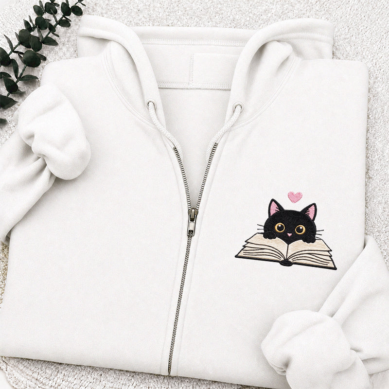 Embroidered Reading Black Cat Classic Adult Unisex Full Zip Hoodie