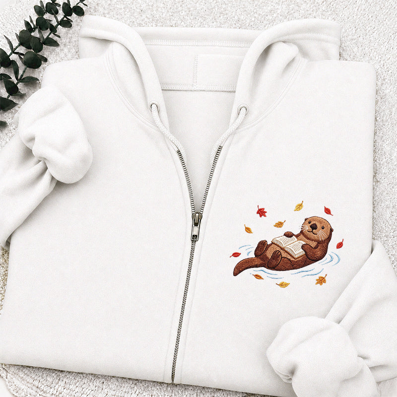 Embroidered Otter Reading Book Classic Full Zip Hoodie