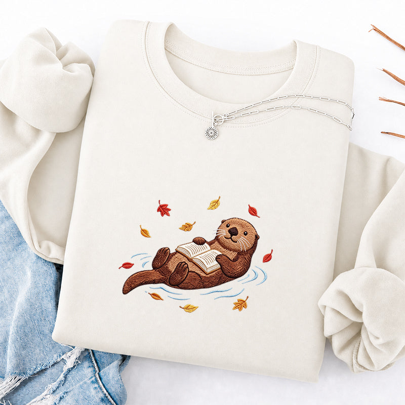 Embroidered Otter Reading Book Classic Crewneck Sweatshirt
