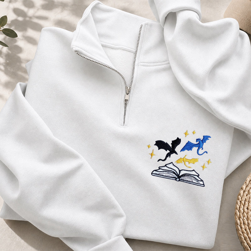 Embroidered Book And Dragon Classic Quarter Zip Sweatshirt