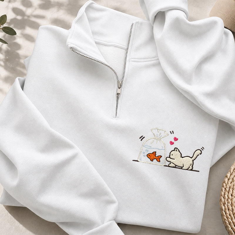 Embroidered Kitten Goldfish Classic Quarter Zip Sweatshirt
