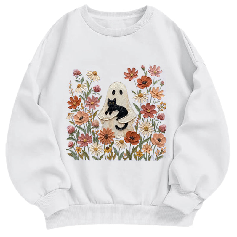 Ghost with Black Cat Floral Classic Adult Unisex Crewneck Sweatshirts