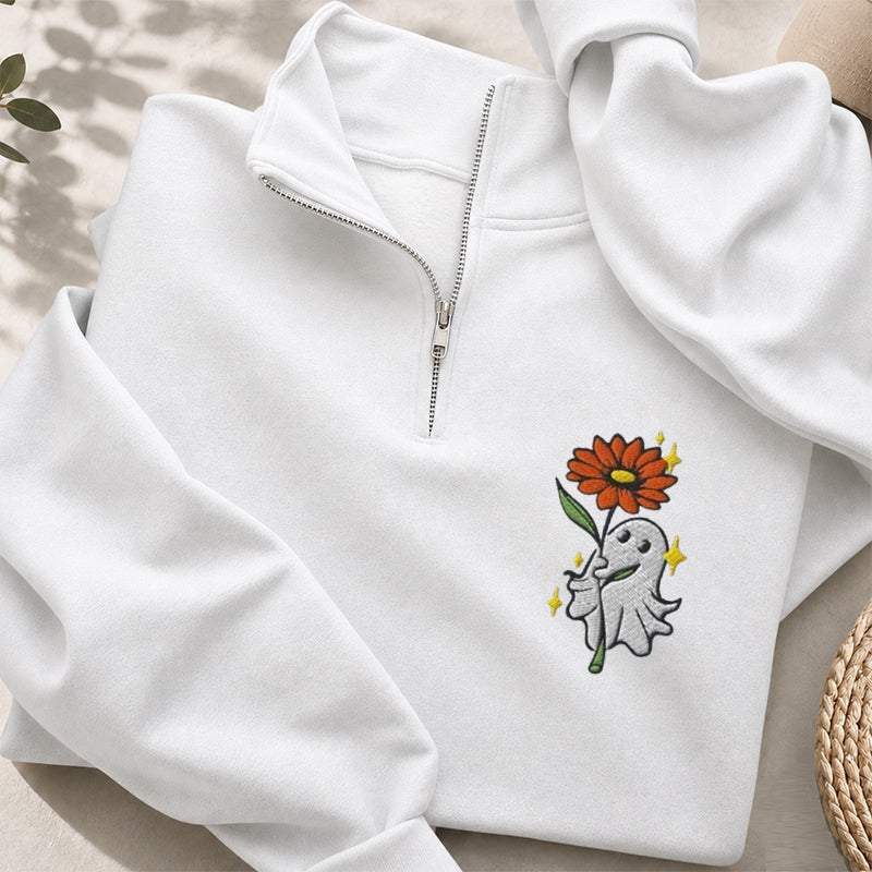 Embroidered Ghost Holding A Flower Classic Quarter Zip Sweatshirt
