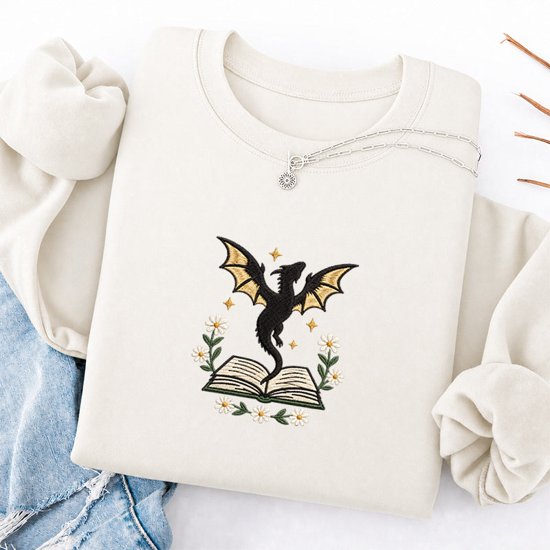 Embroidered Dragon Floral Book Classic Crewneck Sweatshirt