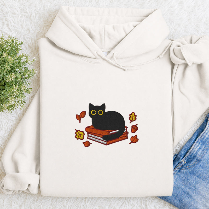 Embroidered Autumn Black Cat Book Classic Adult Unisex Hoodie