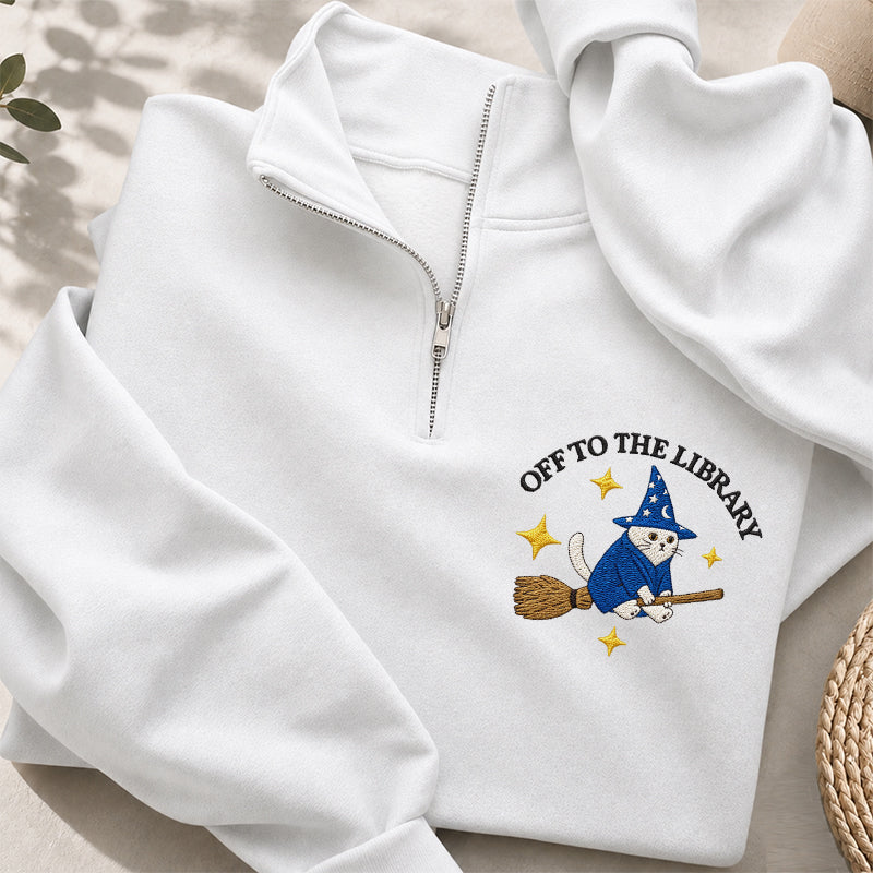 Embroidered Cat Off To The Library Classic Quarter Zip Sweatshirt