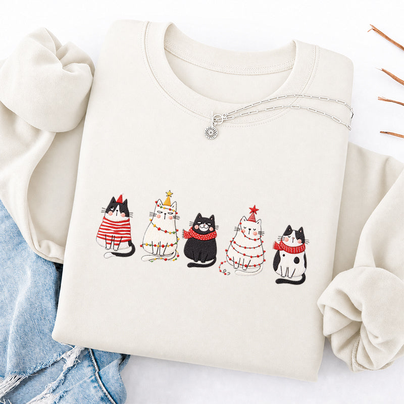 Embroidered Cute Cat Christmas Classic Crewneck Sweatshirt