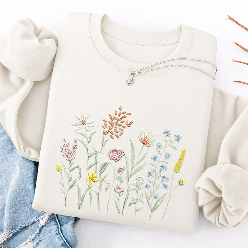 Embroidered Cute Wildflowers Classic Crewneck Sweatshirt