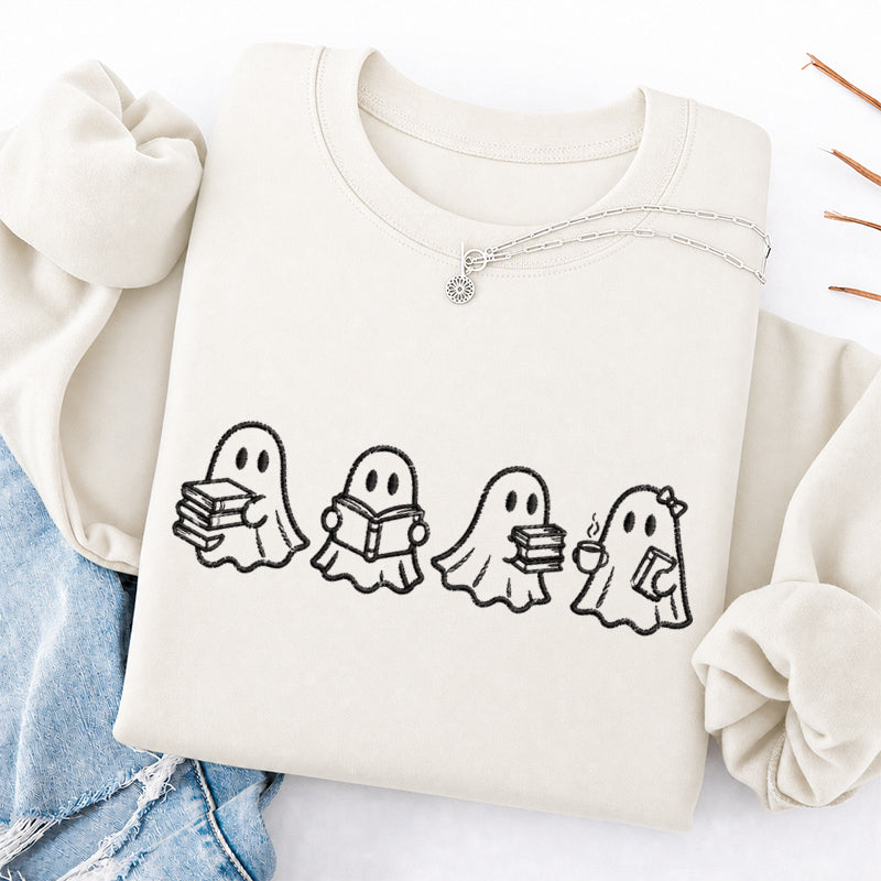 Embroidered Ghost Reading Books Classic Crewneck Sweatshirt