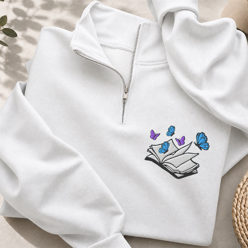 Embroidered Open Book With Butterflies Classic Quarter Zip Sweatshirt