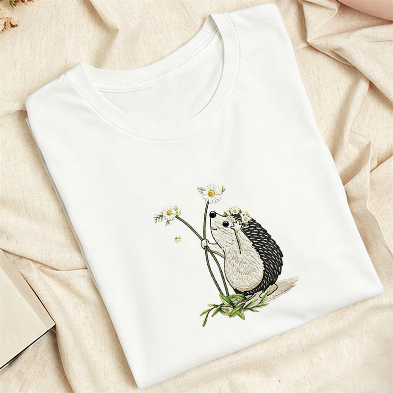 Embroidered Hedgehog Daisy Classic Adult Unisex Crew Neck T-Shirt