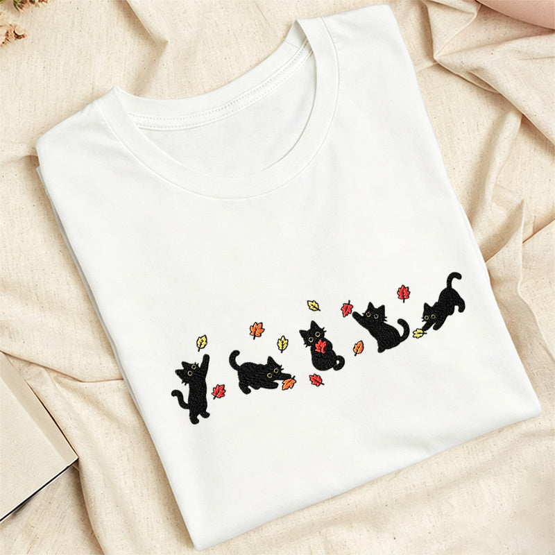 Embroidered Autumn Leaves Black Cats Classic Adult Unisex Crew Neck T-Shirt