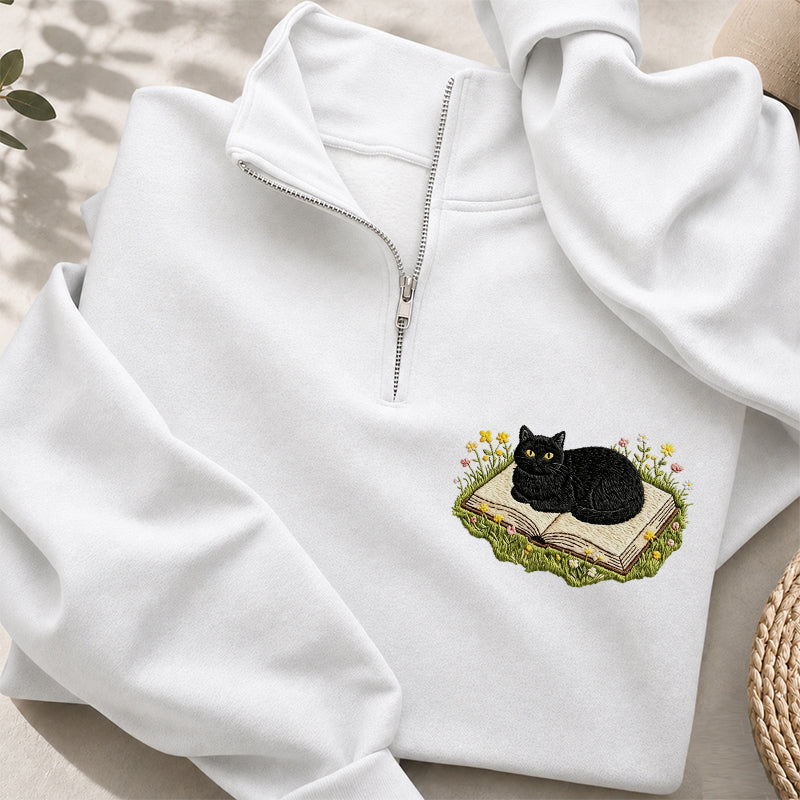 Embroidered Black Cat Book Classic Quarter Zip Sweatshirt
