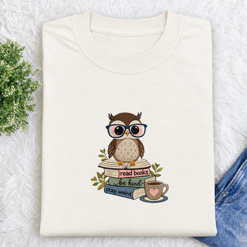 Embroidered Read Books Be Kind Owl Classic Crew Neck T-Shirt