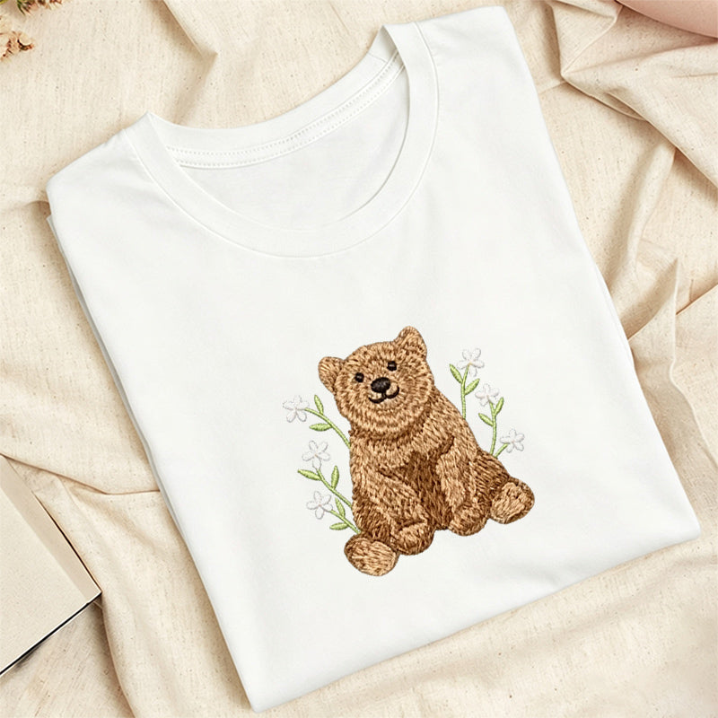 Embroidered Floral Bear Classic Adult Unisex Crew Neck T-Shirt