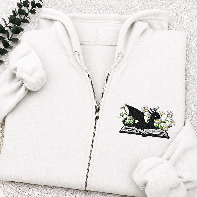 Embroidered Floral Dragon Book Classic Full Zip Hoodie