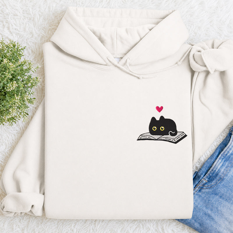 Embroidered Black Cat and Book Classic Adult Unisex Hoodie